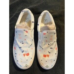 Three In Women's White Slip-On Canvas Slippers with Pastel Multi Print